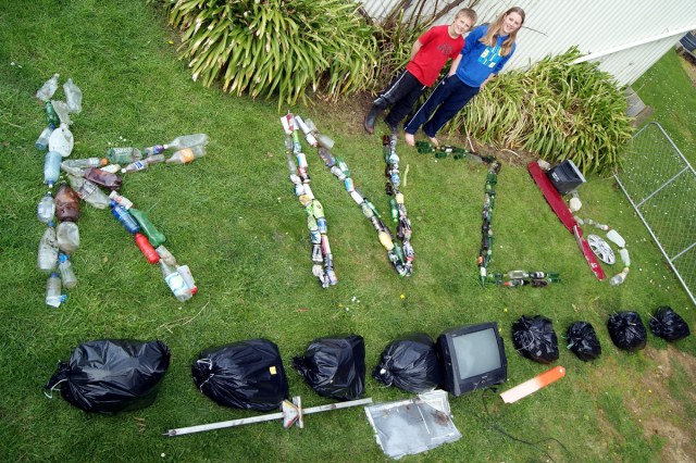 Keeping New Zealand Beautiful - Thomas Pope (9) and Georgia Pope (12) with rubbish they collected SONY DSC